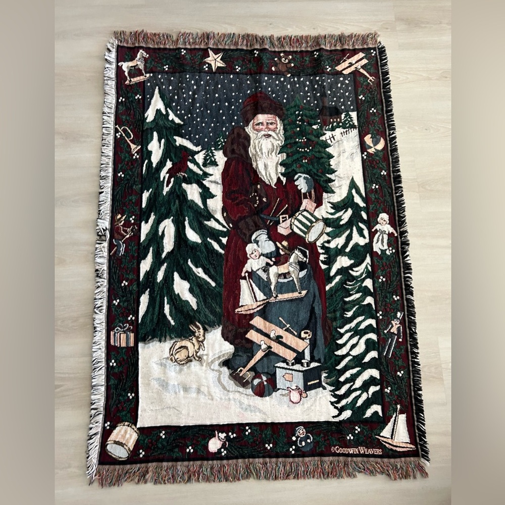 Vtg Goodwin Weavers Old World Santa Woven Blanket Victorian Christmas Throw USA